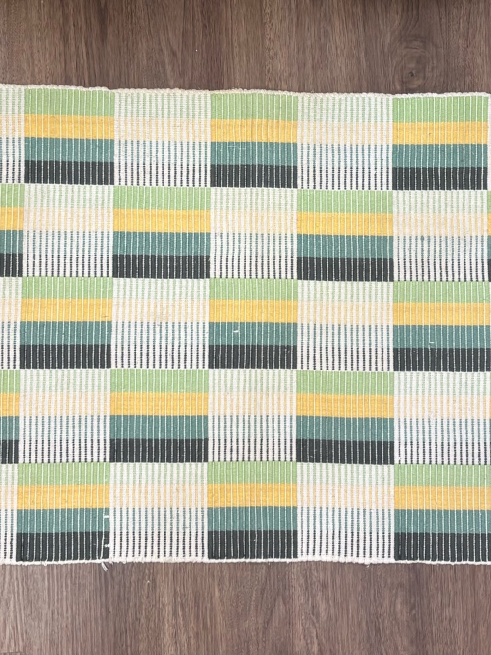 Striped Woven Rug in Yellow, Green, Teal, Black, White